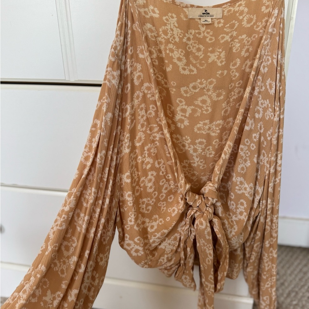 Rip Curl Bell Sleeve Blouse in Tan and Gold with Tie Front